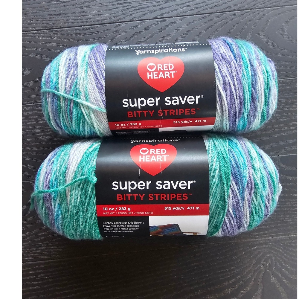 Red Heart Super Saver Bitty Stripes Yarn Mermaid Teal Purple Blue 10oz 2 Skeins